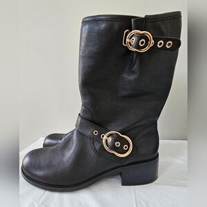 VINCE CAMUTO Winchell Black Leather, Gold Hardware Women's Moto Boots